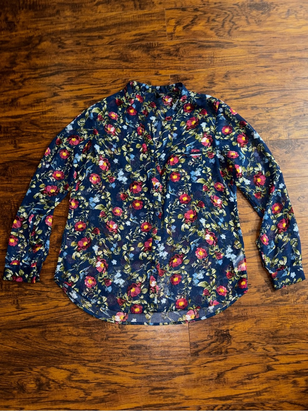 Kut from the Kloth Floral Button-Up Top Long Sleeve Navy Blue Semi-Sheer Blouse
